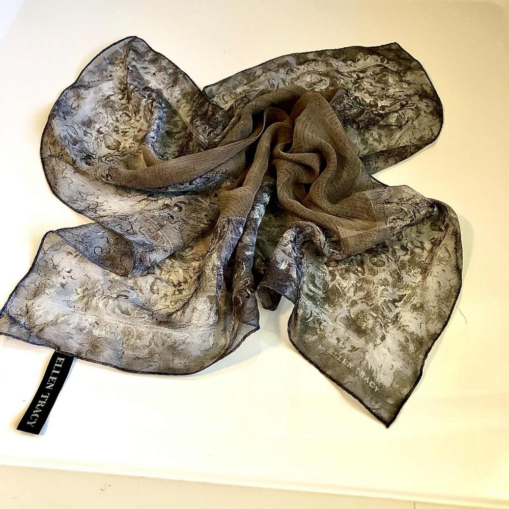 Y2K Vintage ELLEN TRACY 100% Silk Scarf 21" Square Slate & Taupe